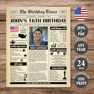 16th Birthday Newspaper Poster, Back in 2009 Poster, What Happened in 2009, 16th Birthday Gift, Born in 2009 Sign Digital Download