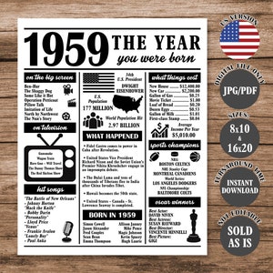 1959 The Year You Were Born, Back in 1959 Poster, What Happened in 1959 Fun Facts Sign 65 Years Ago, 65th Birthday Newspaper Sign