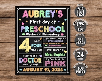 May include: A black chalkboard sign with colorful text announcing the first day of preschool. The sign includes the child's name, age, favorite activities, teacher's name, and favorite color. The date is August 19, 2024.