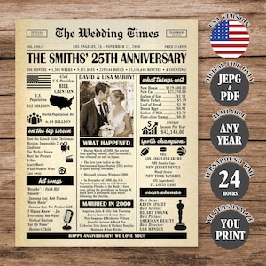 25th Anniversary Newspaper Poster, 2000 Anniversary Sign, 25th Wedding Anniversary Gift, Married in 2000 Poster Digital Download