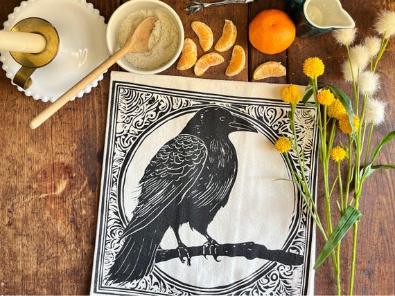 Black Witchcraft Crow Fall Kitchen Tea Towel for Seasonal Decoration, Artisan Kitchen Linens