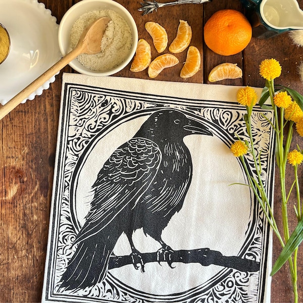 Black Crow Halloween Tea Towel: Farmhouse Kitchen Decor, Fall Hostess Gift, Decorative Linen