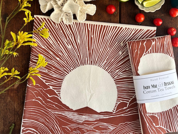 Sunrise Ocean Mountain Tea Towel, Hand Printed Nature Kitchen Towel, Rolling Hills Coastal Decor, Artisan Cotton Kitchen Linen, Hostess gift