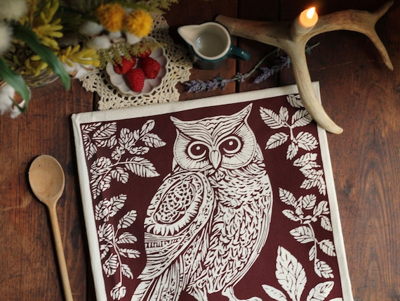 Handcrafted Woodland Owl Tea Towel: Eco-Friendly Kitchen Decor, Unique Handmade Gift, Rustic Housewarming