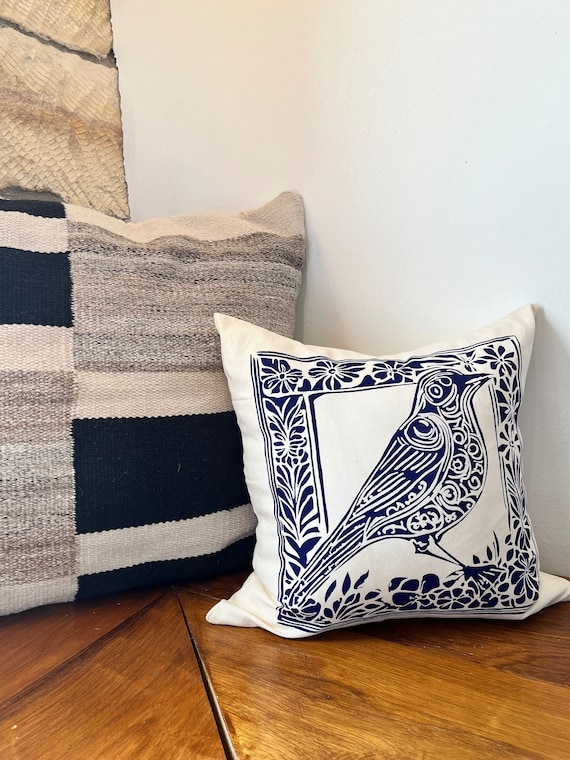 Bluebird Zippered Pillowcase, 18x18 Folk Art Decor, Cotton Farmhouse Accent