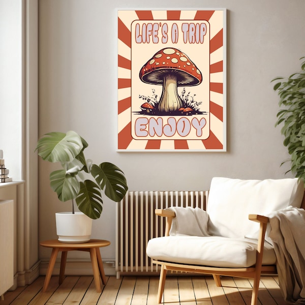 Trendy Mushroom 70s Poster, Mushroom Art, Bohemian Decor, Pop Art, Mushroom Decor, Decorative Wall Art, Hippie Decor, Vintage Funky Print