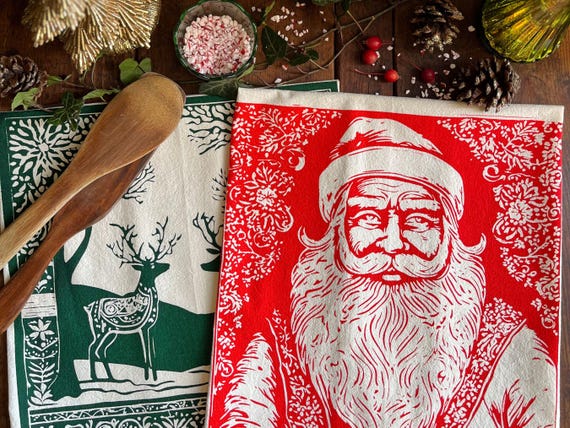 Festive Christmas Kitchen Towel Pair with Santa and Reindeer Design, Scandi-inspired Holiday Gift, Eco-friendly Kitchen Decor