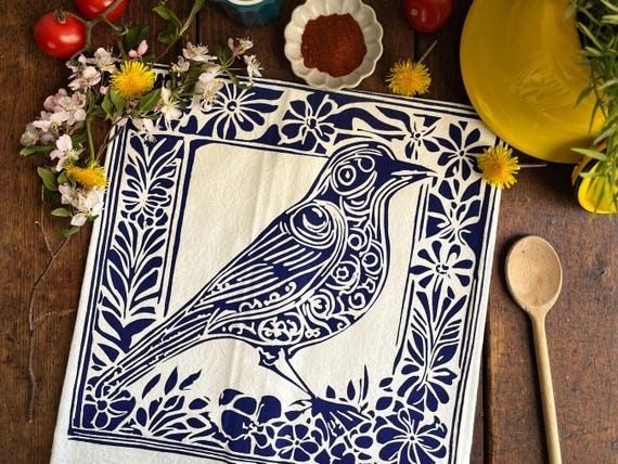 Scandinavian Bluebird Cotton Tea Towel: Artisan Kitchen Decor, Farmhouse Dish Cloth, Housewarming Gift