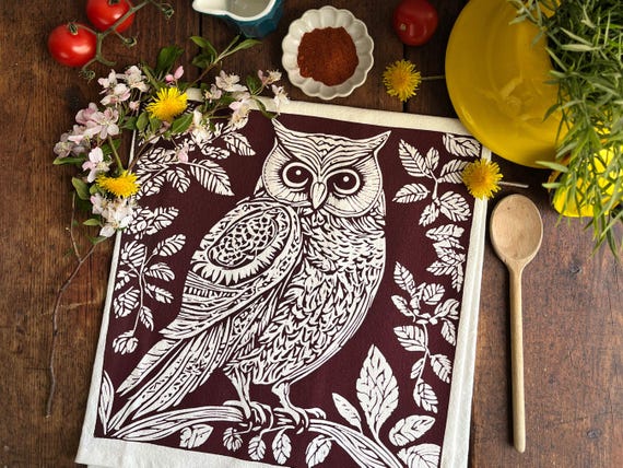 Handcrafted Woodland Owl Tea Towel: Eco-Friendly Kitchen Decor, Mother's Day Gift, Rustic Housewarming