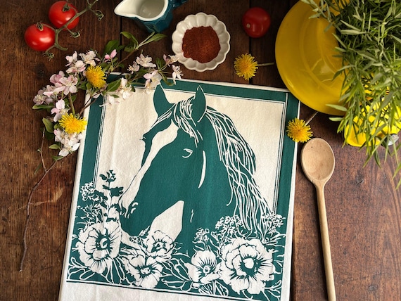 Country Horse Floral Cotton Kitchen Towel for Equestrian-Themed Housewarming Gift