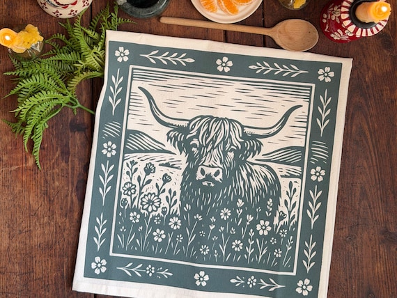 Highland Cow Cotton Tea Towel - Farmhouse Kitchen Dish Linens Handmade Rustic Home Decor Gift