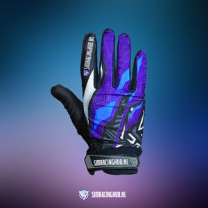 May include: Purple and blue racing gloves with a black and white geometric pattern. The gloves have a velcro strap with the text "SIMRACINGHUB.NL" on it.