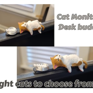Cat Monitor Desk Buddy with 3D Printed Food | Resin Screen Decor