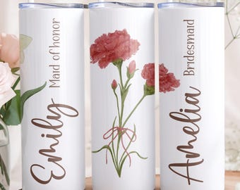 Personalized Tumbler with Straw, Bridesmaid Gifts Birth Flower, Bridesmaid Proposal Cups,  Birth Month Tumbler, Flower Customizable Tumbler