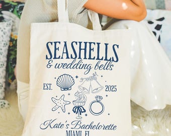 Seashells and Wedding Bell Custom Bachelorette Party Tote Bag, Beach Bachelorette Gifts, Bachelorette Canvas Tote Bag, Coastal Bachelorette