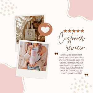 May include: The image features two polaroid-style photos. One shows a tote bag with "LAST RODEO" text and a tumbler with a pink and white striped design. The other photo shows a customer review with five stars and the text "Customer review".
