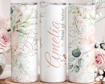 Personalized Name Tumbler Bridesmaid Gifts, Bridesmaid Proposal Tumbler with Straw, Wedding Party Favors, Skinny Custom Tumbler Cups
