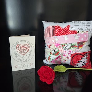 Grateful Dead Patchwork Throw Pillow, Crochet Rose and Card Set