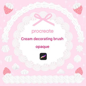 May include: Procreate brush for creating cream decorating designs. The brush is opaque and creates a realistic cream effect. The image shows a pink background with white cream designs and strawberries.