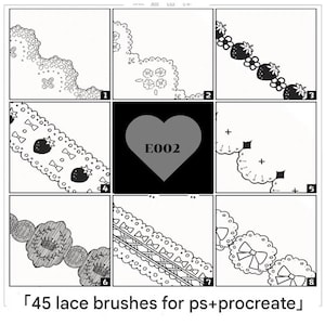 May include: A set of 45 black and white lace brush designs for use with Photoshop and Procreate. The designs include various lace patterns with strawberries, bows, and other decorative elements.