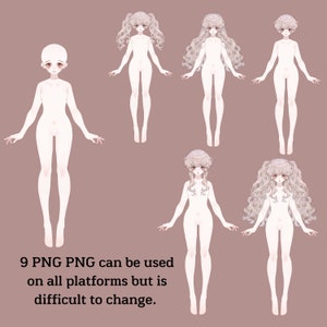 May include: Nine PNG images of a female character with different hairstyles. The character is in a standing pose with arms outstretched. The background is a light brown color.