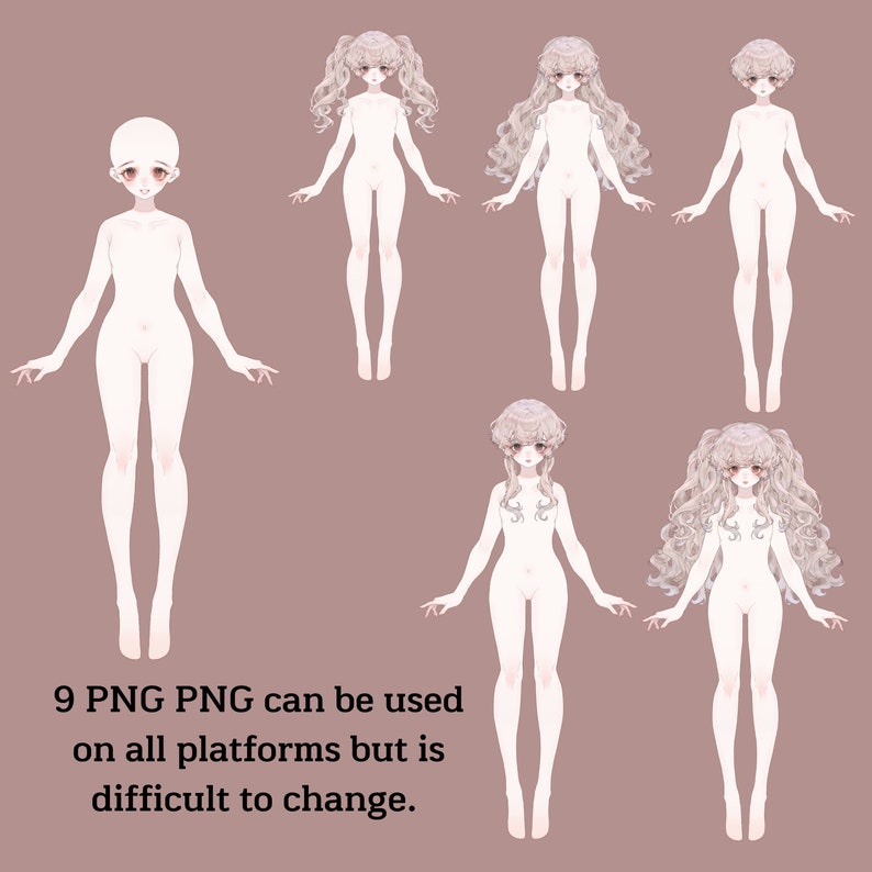 May include: Nine PNG images of a female character with different hairstyles. The character is in a standing pose with arms outstretched. The background is a light brown color.