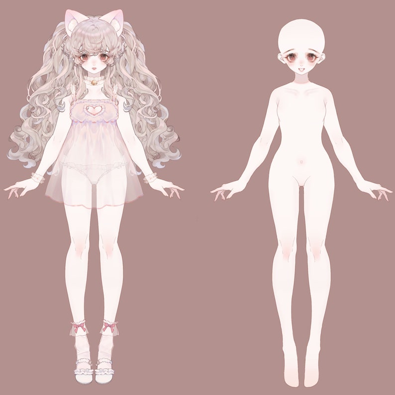 May include: A digital illustration of a female character with long, curly, white hair, wearing a pink and white dress with a heart design, white cat ears, and white shoes with pink bows. The character is standing next to a blank outline of a female figure.