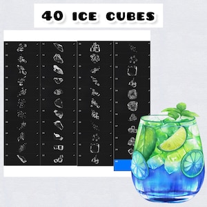 以下が含まれることがあります： さまざまな形と大きさの40個の氷のデジタルイラスト。氷は黒い背景にグリッド状に配置されています。画像には、氷、ライムスライス、ミントの葉が入った青い液体の入ったグラスも含まれています。