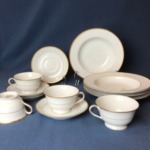 Noritake Morimura Goldcroft Teacup & Saucer Sets and Rimmed Soup Bowls. Pattern 4983.  Vintage 1948 - 1955.  Made in Japan.  MCM Gold Rimmed