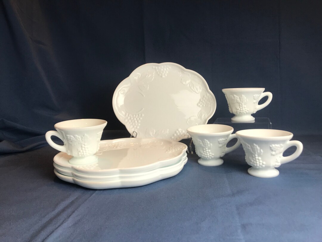 Set of 4 Colony Milk Glass Harvest Pattern Snack Plates and Cups