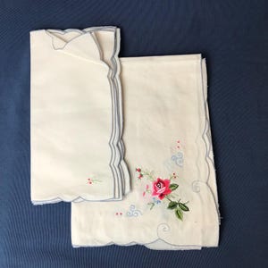Hand-Embroidered Vintage Tablecloth & Napkin Set.  Finely Stitched Pinkish Red Roses.  32&quot; x 34&quot;.