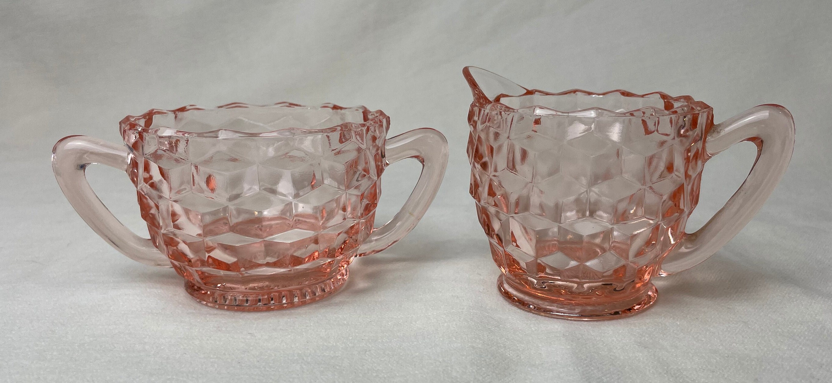 Cube Pink Sugar and Creamer Sets by Glass Co. Vintage 1929