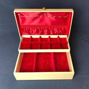 Vintage Lady Buxton Jewelry Box.  Gorgeous Red Satin and Velvet Interior.  Yellow-Cream Exterior with Gold-Colored Decorative Trim Design.