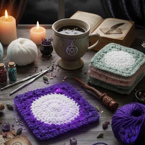 May include: A cozy scene featuring crochet items, candles, and a mug. A purple and white crochet square is in the foreground, with a stack of green and pink squares behind it. A mug with a pentacle charm and a wand are also present.