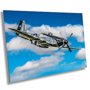 May include: A silver and black P-51 Mustang fighter plane flies through a blue sky with white clouds. The plane has a black nose and a red, white, and blue star on the side.