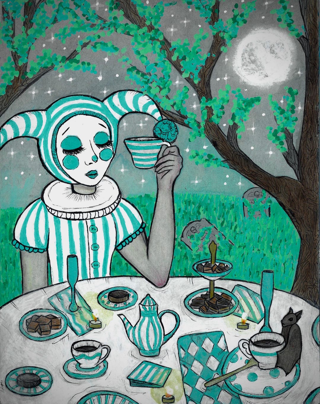 Circus Clown Tea Party Art Print - Whimsical Jester Illustration ...