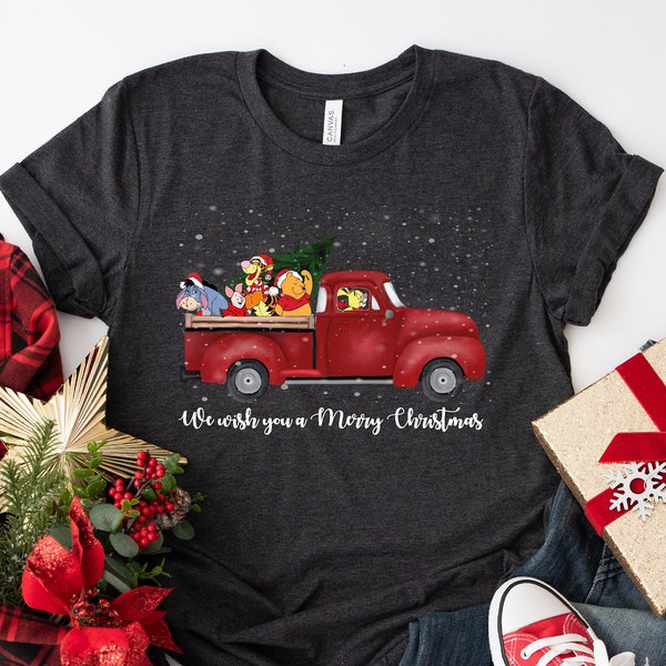We Wish You A Merry Christmas Shirt, Winnie The Pooh And Friends Red Truck Shirt Sweatshirt Hoodie, Christmas Trip Tee, Christmas Disney Tee