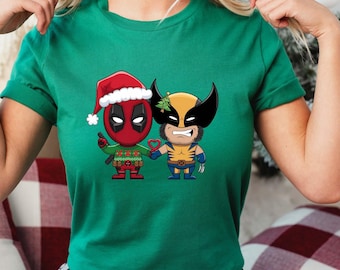 Marvel Deadpool Wolverine Christmas Shirt, Cute Wolverine Deadpool Santa Hat Sweatshirt, Superhero Best Friends Shirt, Christmas Gift Tee