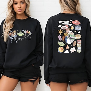 Disney Pixar Toy Story sweatshirt and hoodie featuring Woody, Buzz Lightyear, Rex, Hamm and Pizza Planet inspired design. Cozy unisex crewneck sweatshirt perfect for Disney park trips, Pixar fans, and family matching outfits. Soft and comfortable Disney sweatshirt ideal for Disneyland or Disney World vacations, travel days, or casual wear. Fun Toy Story sweatshirt great for kids at heart and Disney lovers.