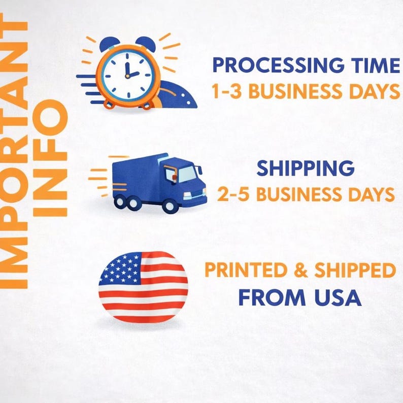 May include: An image with the text "IMPORTANT INFO" in orange. Below, a clock graphic with the text "PROCESSING TIME 1-3 BUSINESS DAYS". A blue truck graphic with the text "SHIPPING 2-5 BUSINESS DAYS". A USA flag graphic with the text "PRINTED & SHIPPED FROM USA".
