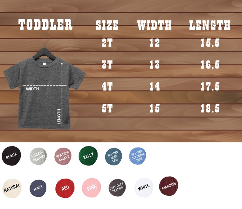 Puede incluir: Una tabla de tallas para camisetas de ni&ntilde;os peque&ntilde;os con medidas en pulgadas. La tabla muestra el ancho y la longitud de las camisetas en las tallas 2T, 3T, 4T y 5T.