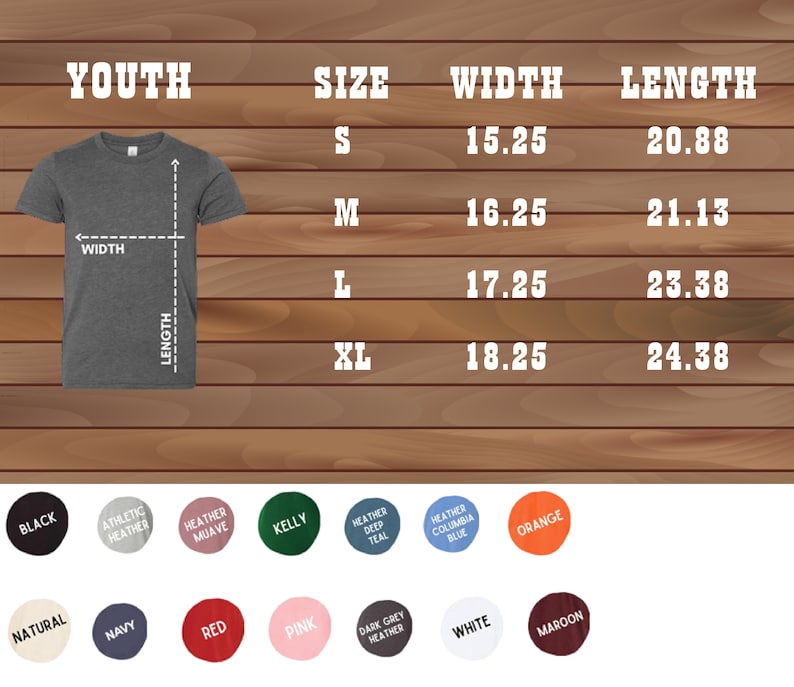 Peut inclure: Tableau des tailles de t-shirt pour enfants avec des mesures en pouces. Le tableau indique la largeur et la longueur du t-shirt dans les tailles S, M, L et XL. Le tableau comprend &eacute;galement une palette de couleurs avec 12 options de couleurs diff&eacute;rentes.