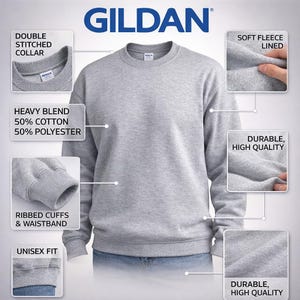 May include: A light gray Gildan sweatshirt with a crew neck, ribbed cuffs and waistband. The sweatshirt is a heavy blend of 50% cotton and 50% polyester, with a soft fleece lining. The image also highlights the double-stitched collar and unisex fit.