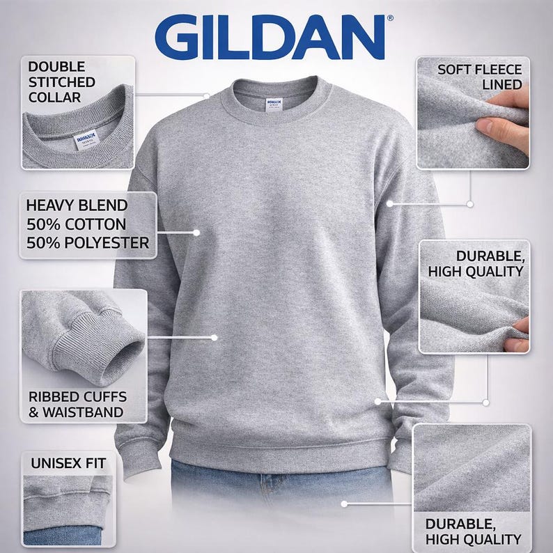 May include: A light gray Gildan sweatshirt with a crew neck, ribbed cuffs and waistband. The sweatshirt is a heavy blend of 50% cotton and 50% polyester, with a soft fleece lining. The image also highlights the double-stitched collar and unisex fit.