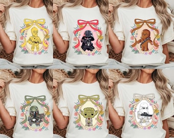 Watercolor Star Wars Characters Coquette Bow Mirror Shirt, Vintage Disney Star Wars Squad Shirt, Star Wars Day Shirt, Disneyland Trip Shirt