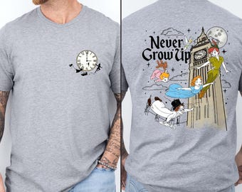 Chemise Peter Pan Never Grow Up rétro 2 faces, chemise Comfort Colors® La fée clochette Wendy Flight to Neverland, t-shirt Disneyland Family Trip