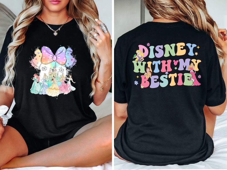 Disney 'With My Bestie' Princess Shirt featuring a cute Minnie Head design on a soft Comfort Colors tee. Perfect for Disney World girls' trips, matching best friend outfits, or a magical day at Magic Kingdom. Stay stylish and comfy while making unforgettable memories