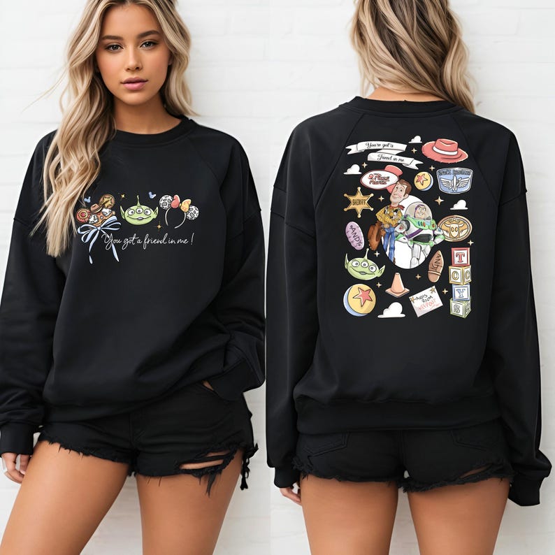 Disney Pixar Toy Story sweatshirt and hoodie featuring Woody, Buzz Lightyear, Rex, Hamm and Pizza Planet inspired design. Cozy unisex crewneck sweatshirt perfect for Disney park trips, Pixar fans, and family matching outfits. Soft and comfortable Disney sweatshirt ideal for Disneyland or Disney World vacations, travel days, or casual wear. Fun Toy Story sweatshirt great for kids at heart and Disney lovers.