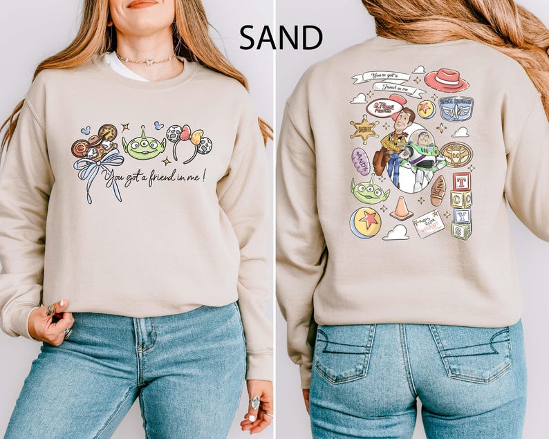 Disney Pixar Toy Story sweatshirt and hoodie featuring Woody, Buzz Lightyear, Rex, Hamm and Pizza Planet inspired design. Cozy unisex crewneck sweatshirt perfect for Disney park trips, Pixar fans, and family matching outfits. Soft and comfortable Disney sweatshirt ideal for Disneyland or Disney World vacations, travel days, or casual wear. Fun Toy Story sweatshirt great for kids at heart and Disney lovers.