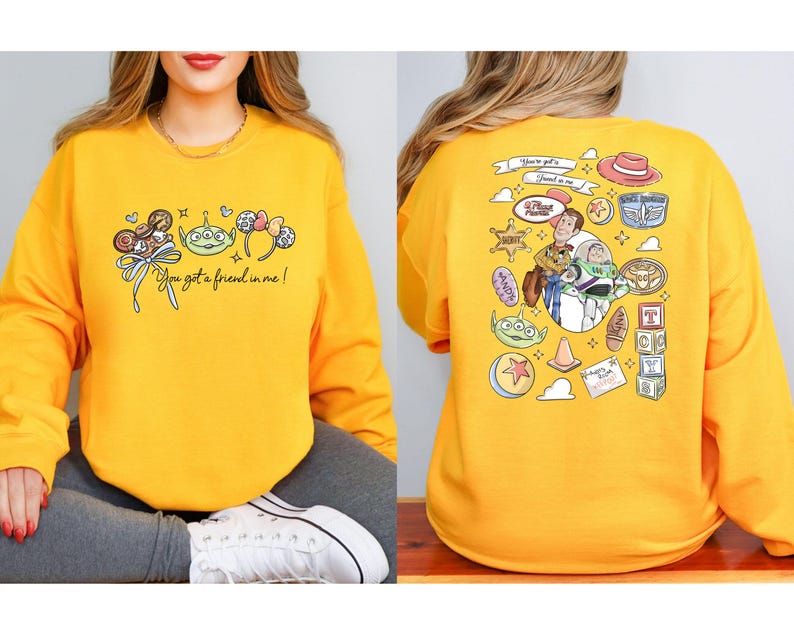 Disney Pixar Toy Story sweatshirt and hoodie featuring Woody, Buzz Lightyear, Rex, Hamm and Pizza Planet inspired design. Cozy unisex crewneck sweatshirt perfect for Disney park trips, Pixar fans, and family matching outfits. Soft and comfortable Disney sweatshirt ideal for Disneyland or Disney World vacations, travel days, or casual wear. Fun Toy Story sweatshirt great for kids at heart and Disney lovers.